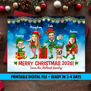 Puede incluir: Una tarjeta de Navidad personalizada con cuatro personajes elfos de dibujos animados con rostros realistas etiquetados como Jeremy, Meaghan, Cole y Haven, adem&aacute;s de un perro llamado Rex. Incluye regalos rojos, luces y Merry Christmas 2026!