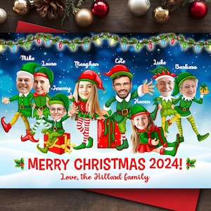 Lustige Familienweihnachtskarte 2024, Weihnachtselfenkarte, Karikatur-Familienweihnachtskarten-Foto