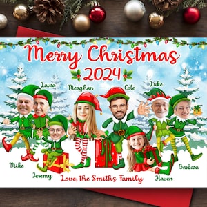 Divertida tarjeta navideña familiar digital, divertida tarjeta navideña 2024 con miembros de la familia como elfos navideños