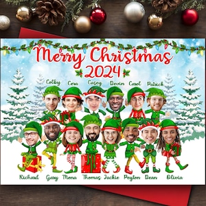 Lustige Unternehmensweihnachtskarte 2024, Firmenweihnachtselfenkarte, Karikaturweihnachtskarte Büro, Büroweihnachtskarte