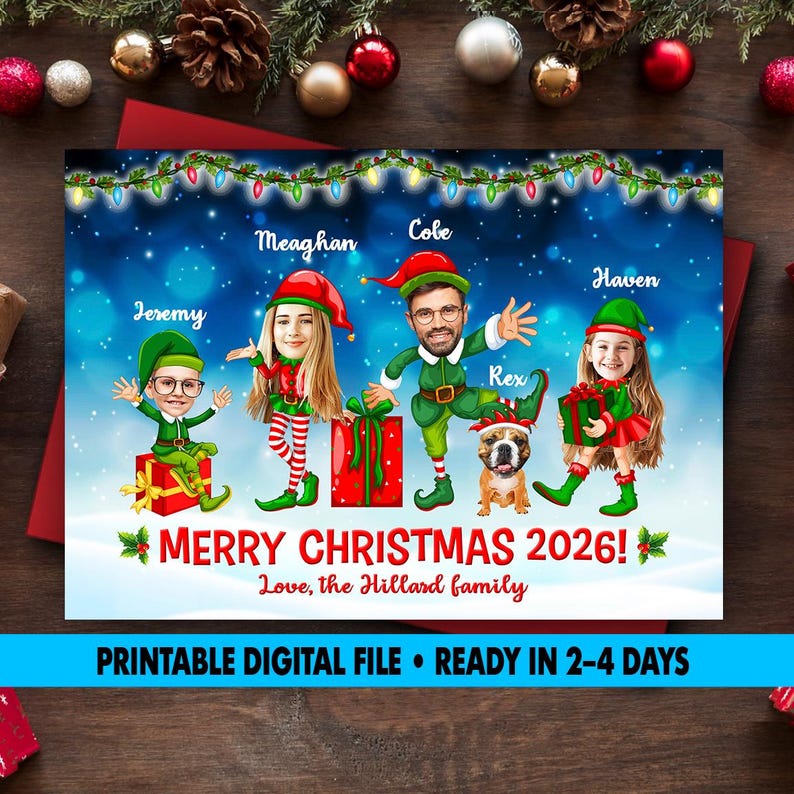 Puede incluir: Una tarjeta de Navidad personalizada con cuatro personajes elfos de dibujos animados con rostros realistas etiquetados como Jeremy, Meaghan, Cole y Haven, adem&aacute;s de un perro llamado Rex. Incluye regalos rojos, luces y Merry Christmas 2026!