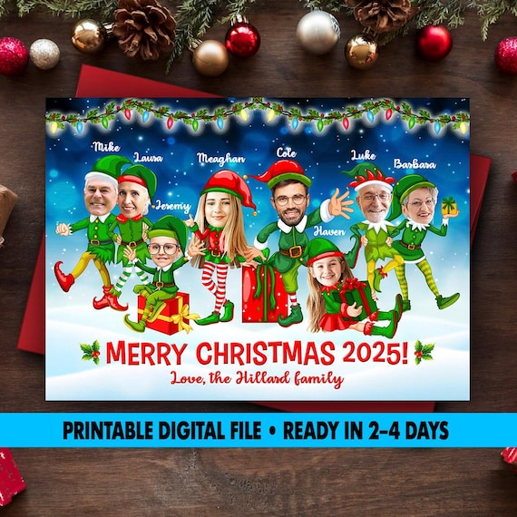 Funny Family Christmas Card: Elf Caricature Photo (Digital File)