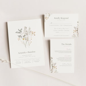 Simple Wildflower Wedding Invitation Set - Printable Downloadable Template