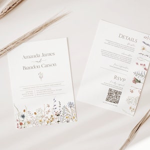 Wildflower Wedding Invitation Double Sided - Printable Downloadable Template | Editable | Digital | QR Code