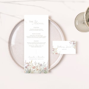 Menu de casamento de flores silvestres florescendo e cartão de lugar - Casamento floral - Modelo para download