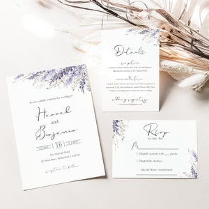 Purple Floral Lavender Wedding Invitation Set Downloadable Printable Template