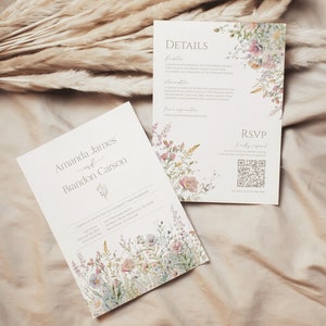 Blooming Wildflower Wedding Invitation Double Sided | Spring | Summer | - Printable Downloadable Template | Editable | Digital | QR Code