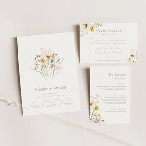 Simple Wildflower Wedding Invitation Set - Printable Downloadable Template | Editable Wedding Invitation | Spring Wedding