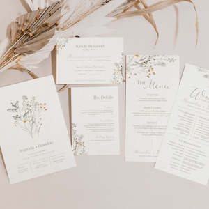 Simple Wildflower Wedding Invitation Set, Program, & Menu - Printable Downloadable Template