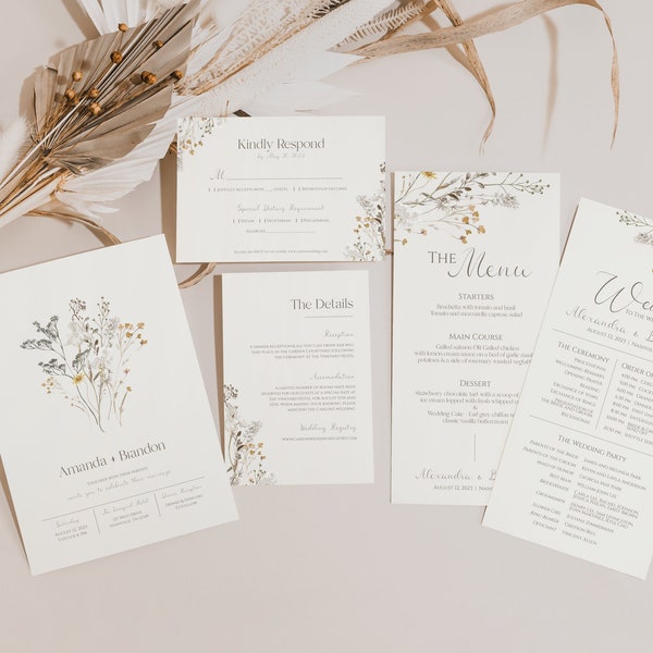 Simple Wildflower Wedding Invitation Set, Program, & Menu - Printable Downloadable Template