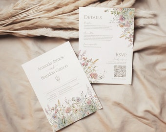 Blooming Wildflower Wedding Invitation Double Sided | Spring | Summer | - Printable Downloadable Template | Editable | Digital | QR Code