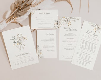 Simple Wildflower Wedding Invitation Set, Program, & Menu - Printable Downloadable Template