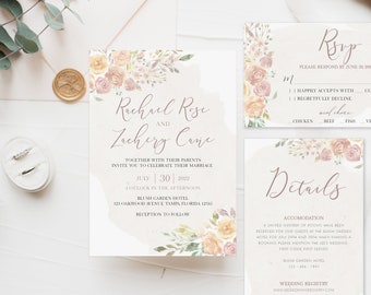 Blush Pink Floral Wedding Invitation Suite - Downloadable Digital Printable Template