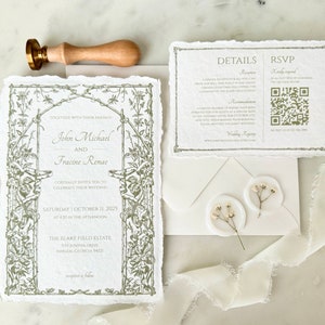 Conjunto de convites de casamento verde-sálvia | Convite de casamento com borda irregular | Convite de casamento vintage | Convite de casamento chinoiserie | DEPÓSITO