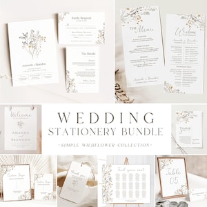 Bundel met eenvoudige wilde bloemen bruiloft | GRATIS DEMO | Uitnodiging, welkomstbord, zitplaatsen, menu en meer: afdrukbare downloadbare sjabloon