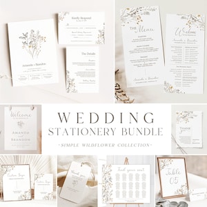 Simple Wildflower Wedding Stationery Bundle | FREE DEMO | Invitation, Welcome Sign, Seating, Menu & more - Printable Downloadable Template