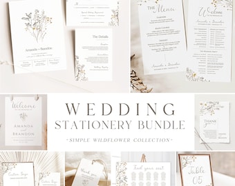 Eenvoudige Wildflower bruiloft briefpapier bundel | GRATIS DEMO | Uitnodiging, welkomstbord, zitplaatsen, menu en meer - afdrukbare downloadbare sjabloon
