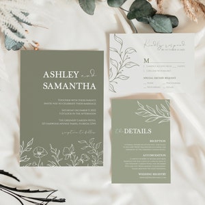 Simple Olive Sage Green Floral Minimalist Wedding Invitation Set Downloadable Template