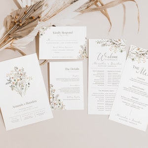 Eenvoudige Wildflower bruiloft uitnodiging set, programma en menu - afdrukbare downloadbare sjabloon | Lente bruiloft | Tuin Bruiloft