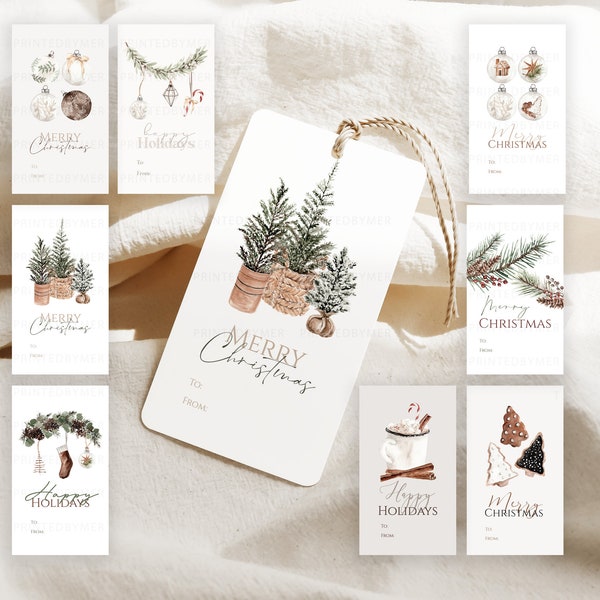 Printable Christmas Gift Tags Set of 8  | Christmas Tags | Boho Christmas | Cozy - Downloadable Editable Template and Ready to Print PDF