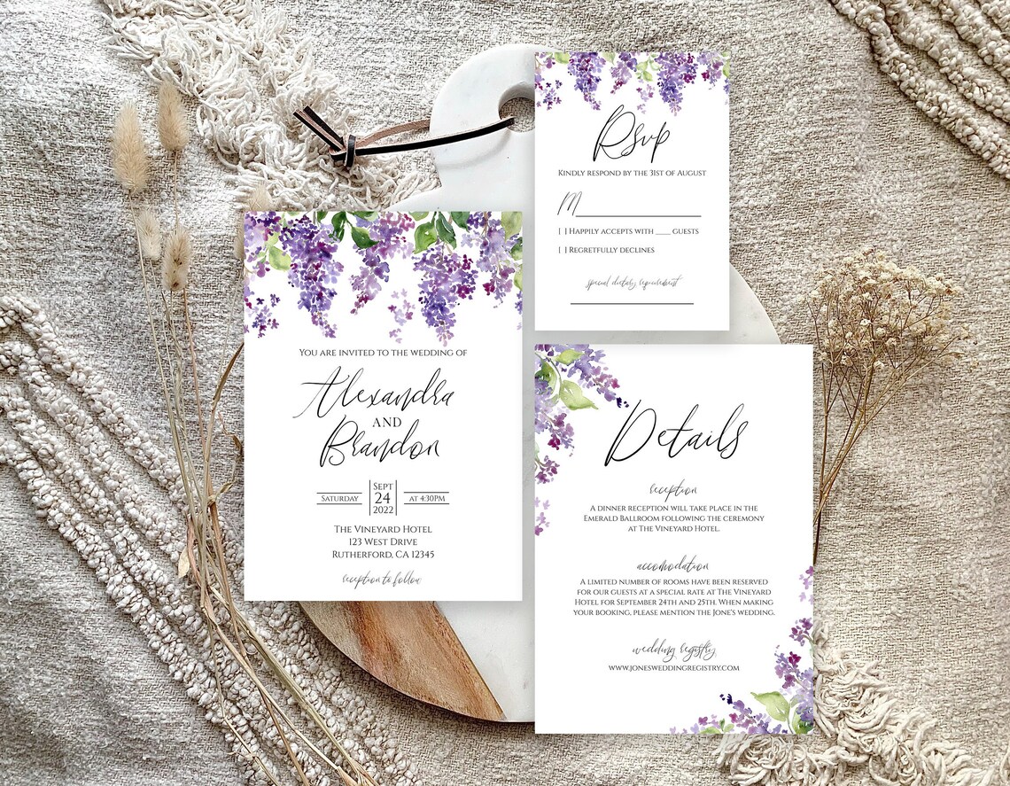Lilac Floral Wedding Invitation Set Downloadable Template Etsy