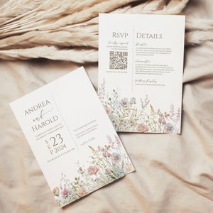 Wildflower Wedding Invitation Double Sided | Blooming Wildflower - Printable Downloadable Template | Editable | Digital | QR Code