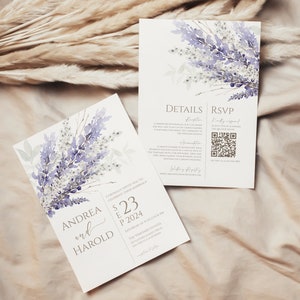 Faire-part de mariage lavande recto-verso | Mariage violet | Mariage lilas - Modèle téléchargeable | Modifiable | Numérique | Code QR