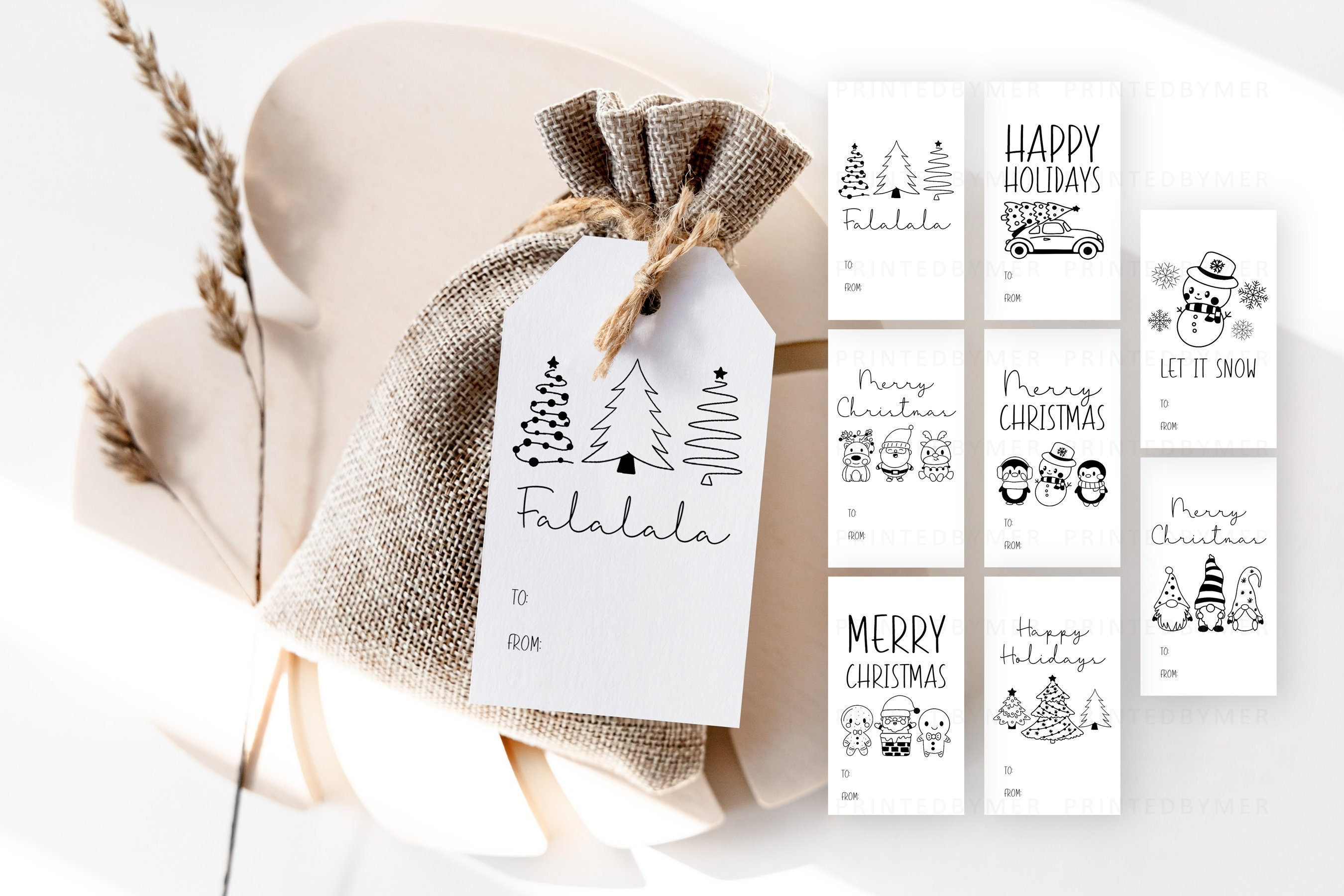 Etiquetas para regalo de Navidad imprimibles en blanco y negro, juego de 8 etiquetas  navideñas sencillas, etiquetas navideñas bonitas, PDF descargable listo  para imprimir - Etsy México, image size:2700x1800