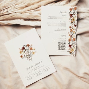 Invitación de boda de flores silvestres de otoño de doble cara / Boda de otoño / - Plantilla descargable imprimible / Editable / Digital / Código QR
