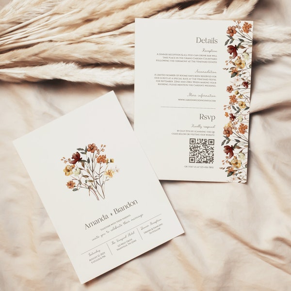 Autumn Wildflower Wedding Invitation Double Sided | Fall Wedding | - Printable Downloadable Template | Editable | Digital | QR Code