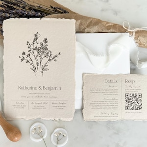 Suíte de convite de casamento | Convite de casamento com borda denteada de flores silvestres | Convite de casamento minimalista | Convite de casamento simples | DEPÓSITO