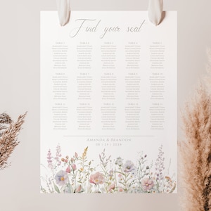 Bloeiende wilde bloemen bruiloft zitplaatsen grafiek teken downloadbare bewerkbare sjabloon