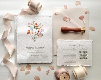Conjunto de convites de casamento para a primavera | Convite de casamento com borda irregular | Convite de casamento para o verão | Convite de casamento com flores silvestres | DEPÓSITO