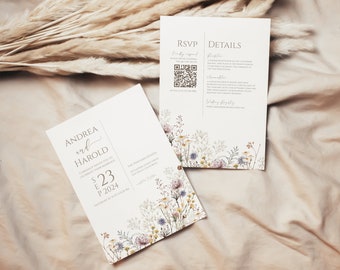 Wildflower Wedding Invitation Double Sided - Printable Downloadable Template | Editable | Digital | QR Code