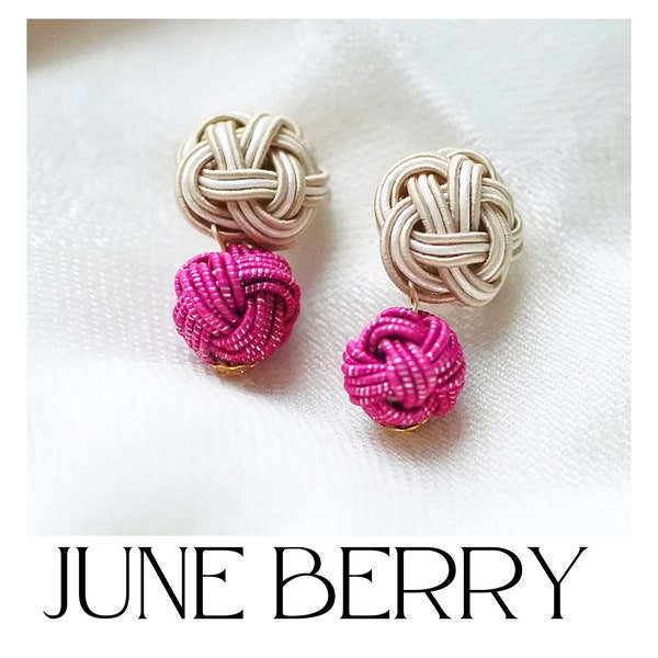 Japanese Mizuhiki Earring, |JUNE BERRY|, Beige Pink Mizuhiki, Mizuhiki Lucky Charm, Pink Ball Stud Earring