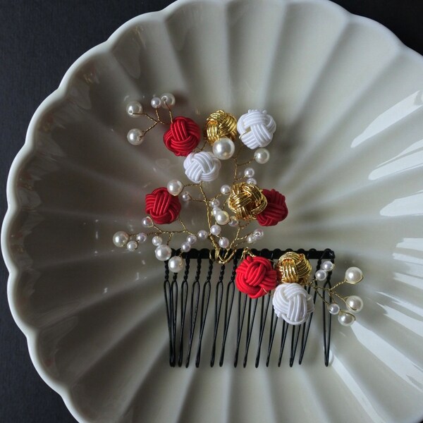 Bridal Kimono Hair Accessories, Japanese Mizuhiki Comb, Chinese Wedding, Red Gold White Delicate Hair Comb, Elegant Hair Accessories