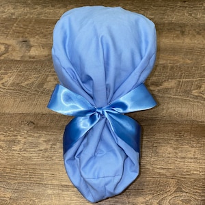 Satin lined scrub cap ponytail cap nurse doctor surgical dental veterinary anesthesiologist ceil blue