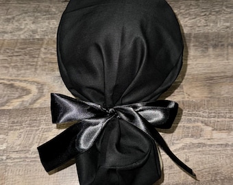 Satin lined scrub cap ponytail cap nurse doctor surgical dental veterinary anesthesiologist solid black