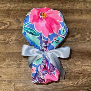 Large Floral- Satin lined ponytail scrub cap personalized customizable embroidery surgical bonnet gift nurse