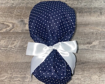 Satin lined scrub cap ponytail silk lined scrub cap scrub caps for women ponytail scrub cap satin scrub cap silk scrub cap nurses navy dots