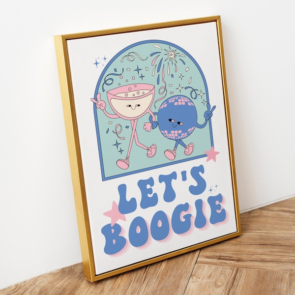 Lets Boogie Print | Bar Wall Art | Disco Ball Print | Kitchen Disco | Unframed Poster | Funky Bold Retro | Colourful Home Decor | Bright