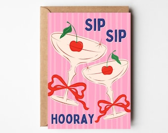 carte cocktail A6 | Carte mignonne de cerise d'arc | Carte de joyeux anniversaire pour elle | Meilleur ami | Fille | Sœur | Anniversaire de la meilleure amie | Carte rose girlie