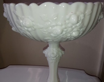 Vintage Fenton White Milk Glass Pedestal Candy Dish Compote Rose Pattern