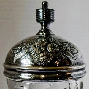Antique Cut Glass Tobacco Jar Humidor: Silver Plated Floral Lid
