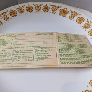 May include: A Corelle Livingware plate with a gold floral pattern and a replacement card. The plate is white with a repeating pattern of stylized flowers and leaves. The card provides instructions for replacing Corelle Livingware.