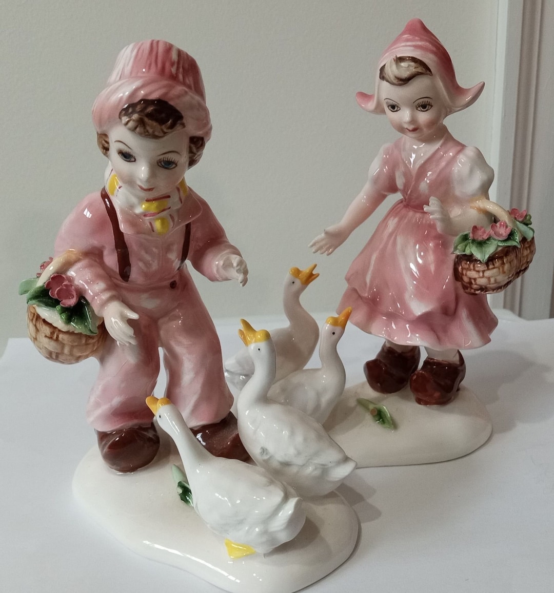 Vintage Arnart Porcelain Dutch Figurines: Boy, Girl, Geese - Japan