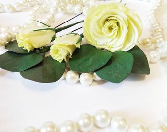 Hairpins with eucalyptus.Comb with eustoma.Decoration with white flowers.Flowers in a wedding hairstyle.Wedding pins. PHOTOSESSION.Set(5pcs)