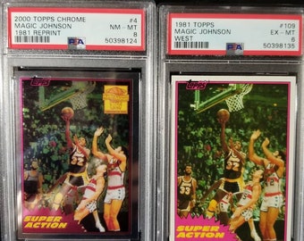 Magic Johnson 2 cards! NBA top players in history. Lakers mvp 5x nba champion hall of fame. Psa 8 pop 2! 00 Topps Chrome and 1981 rookie!