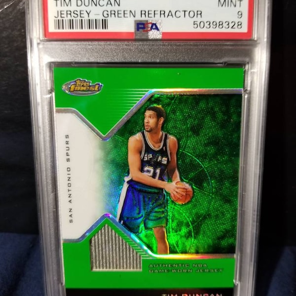 Tim Duncan Spurs and Nba decorated greatest power forward 5x champion. Hall of Fame 2020! Rare pop 1 psa 9 04 green finest jersey refractor!