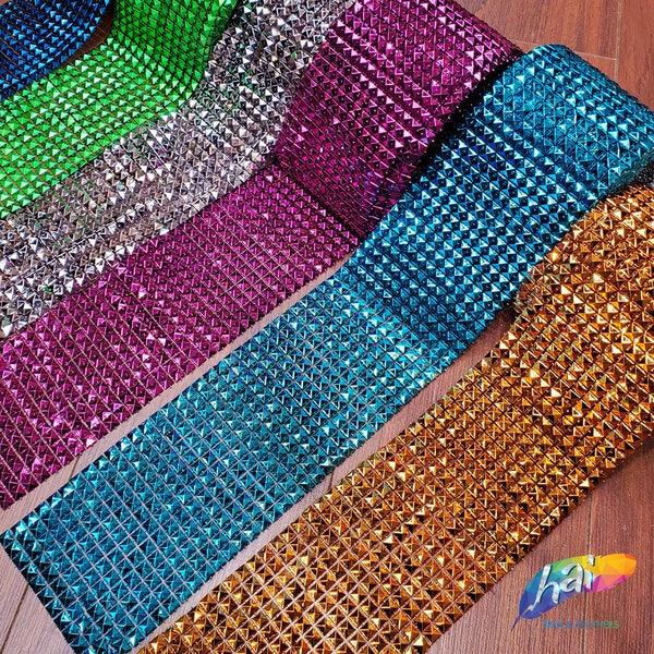 12 Row Studs Pyramid Shape Gold Plastic Trim, Silver Spikes Acrylic Mesh Banding, Colorful Flat Back Stud Trim by the yard, PSB-010